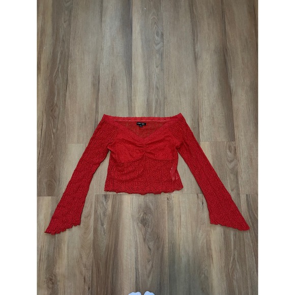 Red Lace Off Shoulder Flare Sleeve Top Y2K Whimsigoth Large orange Fairycore - Picture 5 of 7